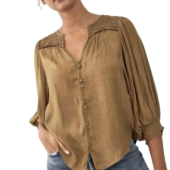 by Anthropologie Cacee Jacquard Reptile Print V Neck Button Down Blouse - Picture 12 of 13